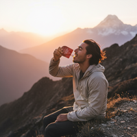 Man sitting on a mountain at sunset, drinking from a red cup.