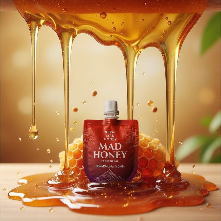 Honey packaging with honey flowing around it on a warm background