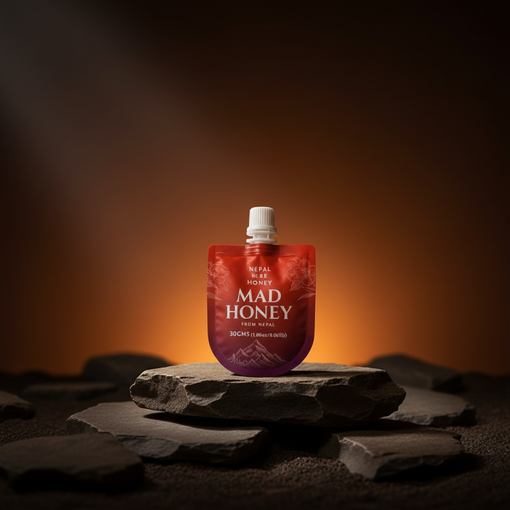Red pouch labeled 'Mad Honey' on a stone surface with a dark background